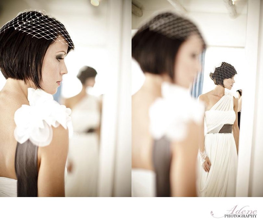 Bride in a birdcage veil, front and back views of a clean ivory bodice