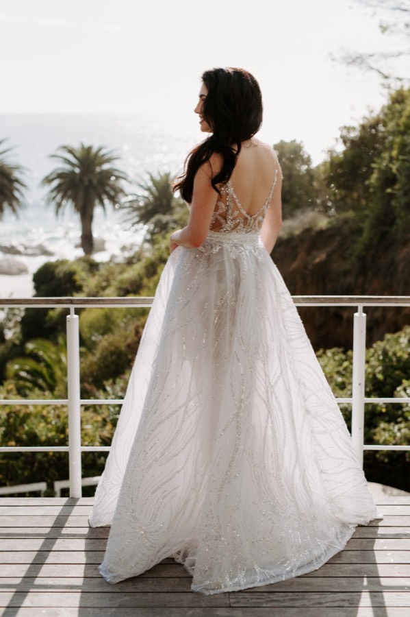 Garden ballgown with an embroidered bodice and soft layered skirt