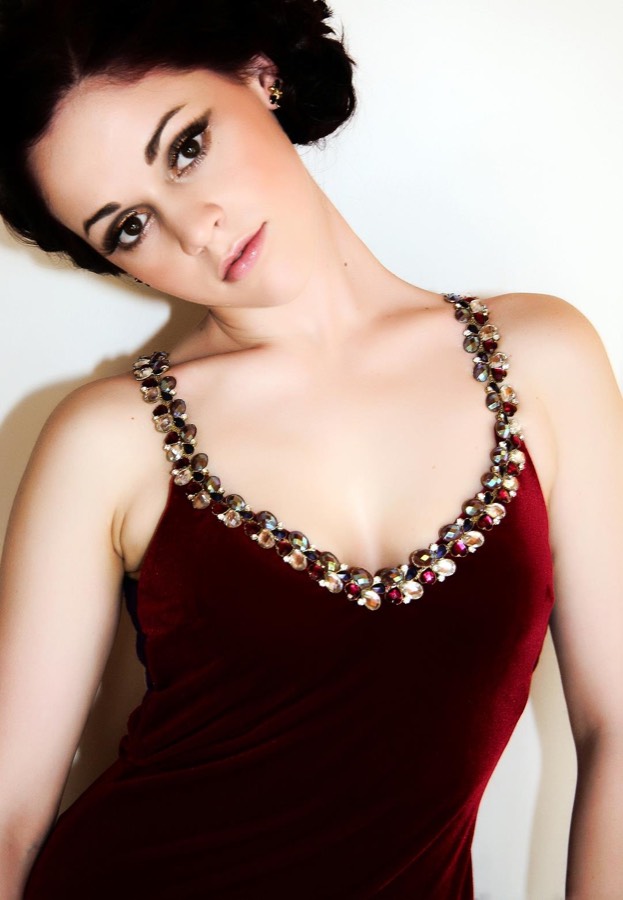 Deep red velvet gown with a jewelled crystal neckline