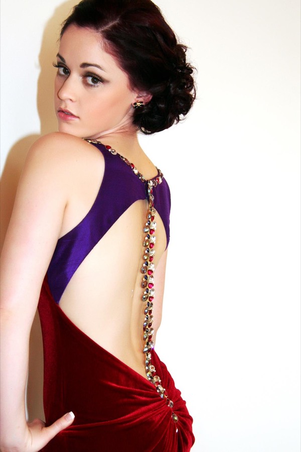 Purple and red column dress, open back with a crossed strap