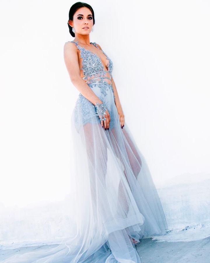 Pale blue tulle gown with a beaded bodice, full length